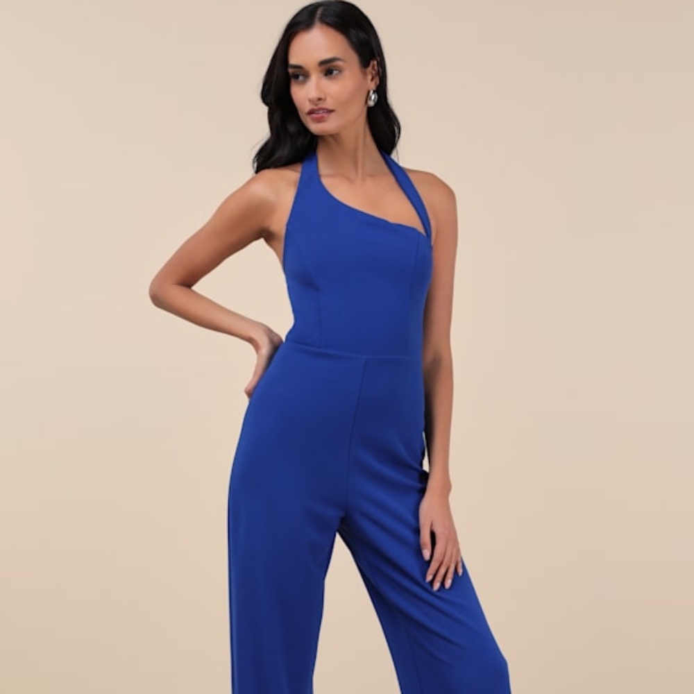 Lulus Flirty Outing Royal Blue Asymmetrical Halter Jumpsuit - Size XS